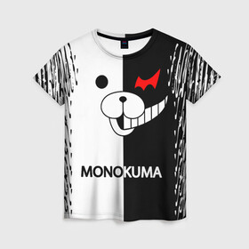 Женская футболка 3D с принтом MONOKUMA. , 100% полиэфир ( синтетическое хлопкоподобное полотно) | прямой крой, круглый вырез горловины, длина до линии бедер | anime | bear | black  white | danganronpa | kurokuma | monodam | monokuma | monomi | monotaro | pink | rabbit | school | shirokuma | аниме | главарь | мoноми | монокума | черно белый | школа