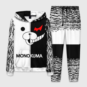 Мужской костюм 3D с принтом MONOKUMA. , 100% полиэстер | Манжеты и пояс оформлены тканевой резинкой, двухслойный капюшон со шнурком для регулировки, карманы спереди | anime | bear | black  white | danganronpa | kurokuma | monodam | monokuma | monomi | monotaro | pink | rabbit | school | shirokuma | аниме | главарь | мoноми | монокума | черно белый | школа