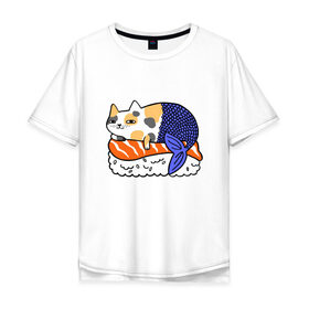 Мужская футболка хлопок Oversize с принтом Sushi Cat , 100% хлопок | свободный крой, круглый ворот, “спинка” длиннее передней части | animal | cat | cute | kitty | meow | друг | животные | киска | китти | кот | котенок | котик | кошечка | кошка | лев | леопард | милый | мур | мяу | пантера | питомец | рысь | тигр | улыбка