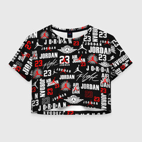 Женская футболка Crop-top 3D с принтом MICHAEL JORDAN LOGOBOMBING , 100% полиэстер | круглая горловина, длина футболки до линии талии, рукава с отворотами | 23 | bulls | chicago bulls | jordan | logo | michael jordan | nba | paris saint germain | psg | red | sport | быки | джордан | лого | майкл джордан | псж | спорт | чикаго буллс