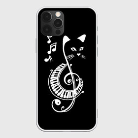 Чехол для iPhone 12 Pro Max с принтом Музыкальный кот , Силикон |  | background | black | cat | mus | music | musical | white | with | белый | игроман | кот | котик | котиков | котиком | котов | кошек | кошка | меломан | музыка | музыкальный | ноты | с белым | с котом | с нотами | фон | черный