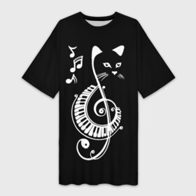 Платье-футболка 3D с принтом Музыкальный кот ,  |  | Тематика изображения на принте: background | black | cat | mus | music | musical | white | with | белый | игроман | кот | котик | котиков | котиком | котов | кошек | кошка | меломан | музыка | музыкальный | ноты | с белым | с котом | с нотами | фон | черный