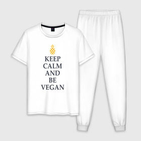 Мужская пижама хлопок с принтом Keep calm and be vegan , 100% хлопок | брюки и футболка прямого кроя, без карманов, на брюках мягкая резинка на поясе и по низу штанин
 | keep calm and be vegan | vegaan | vegan | vegetables | vegetarian | ананас | веган | вегатерианец | вегетарианец | заткнись и будь веганом | зож | йога | медитация | овощи | экология | я веган