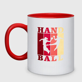 Кружка двухцветная с принтом Handball , керамика | объем — 330 мл, диаметр — 80 мм. Цветная ручка и кайма сверху, в некоторых цветах — вся внутренняя часть | hand ball | handball | play | игра | игра в ганбол | игра с мячом | мяч | руки | футбол
