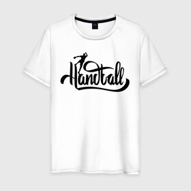 Мужская футболка хлопок с принтом Handball lettering , 100% хлопок | прямой крой, круглый вырез горловины, длина до линии бедер, слегка спущенное плечо. | hand ball | handball | play | игра | игра в ганбол | игра с мячом | мяч | руки | футбол