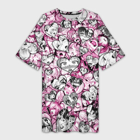 Платье-футболка 3D с принтом Ahegao валентинки ,  |  | 14 февраля | ahegao | anime | manga | аниме | ахегао | день святого валентина | любовь | манга | паттерн | розовый | сердечки | сердце