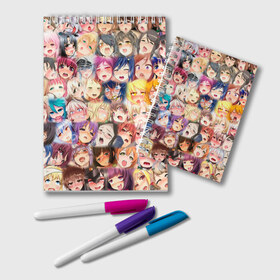 Блокнот с принтом Ахегао , 100% бумага | 48 листов, плотность листов — 60 г/м2, плотность картонной обложки — 250 г/м2. Листы скреплены удобной пружинной спиралью. Цвет линий — светло-серый
 | Тематика изображения на принте: ahegao | anime | manga | neko | o face | аниме | ахегао | девушки | иероглифы | картинки | коллаж | лица | манга | тян | тянки | язык