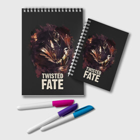 Блокнот с принтом Twisted Fate , 100% бумага | 48 листов, плотность листов — 60 г/м2, плотность картонной обложки — 250 г/м2. Листы скреплены удобной пружинной спиралью. Цвет линий — светло-серый
 | Тематика изображения на принте: jinx | kda | league | lol | moba | pentakill | riot | rise | rus | skins | варвик | варус | воин | легенд | лига | лол | маг | стрелок | танк | чемпион