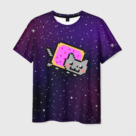 Мужская футболка 3D с принтом Nyan Cat , 100% полиэфир | прямой крой, круглый вырез горловины, длина до линии бедер | Тематика изображения на принте: cat | meme | nyan cat | space | youtube | животное | звезды | интернет | космос | кошка | мем | прикол | радуга | юмор | ютуб