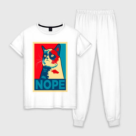 Женская пижама хлопок с принтом Grumpy Cat , 100% хлопок | брюки и футболка прямого кроя, без карманов, на брюках мягкая резинка на поясе и по низу штанин | cat | grumpy | meme | nope | интернет | кот | кот мем | кошка | мем | ноуп | прикол | угрюмый | юмор
