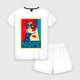 Женская пижама с шортиками хлопок с принтом Grumpy Cat , 100% хлопок | футболка прямого кроя, шорты свободные с широкой мягкой резинкой | cat | grumpy | meme | nope | интернет | кот | кот мем | кошка | мем | ноуп | прикол | угрюмый | юмор