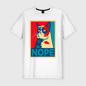 Мужская футболка хлопок Slim с принтом Grumpy Cat , 92% хлопок, 8% лайкра | приталенный силуэт, круглый вырез ворота, длина до линии бедра, короткий рукав | cat | grumpy | meme | nope | интернет | кот | кот мем | кошка | мем | ноуп | прикол | угрюмый | юмор
