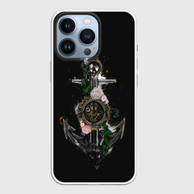 Чехол для iPhone 13 Pro с принтом якорь с компасом и цветами ,  |  | компас | моряк | розы | темный принт | цветы | якорь