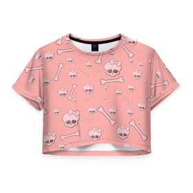 Женская футболка Crop-top 3D с принтом Cute bones , 100% полиэстер | круглая горловина, длина футболки до линии талии, рукава с отворотами | bone | pink | pink skull | skeleton | skull | кости | розовый | череп