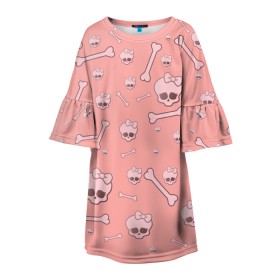 Детское платье 3D с принтом Cute bones , 100% полиэстер | прямой силуэт, чуть расширенный к низу. Круглая горловина, на рукавах — воланы | bone | pink | pink skull | skeleton | skull | кости | розовый | череп