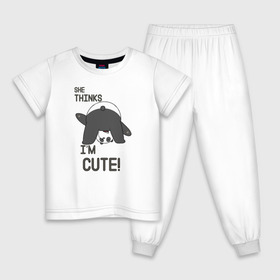 Детская пижама хлопок с принтом She thinks , 100% хлопок |  брюки и футболка прямого кроя, без карманов, на брюках мягкая резинка на поясе и по низу штанин
 | grizzly | ice bear | panda | the three bare bears | vdzajul | we bare bears | белый | вся правда о медведях | гризли | панда | правда