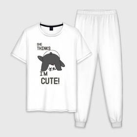 Мужская пижама хлопок с принтом She thinks , 100% хлопок | брюки и футболка прямого кроя, без карманов, на брюках мягкая резинка на поясе и по низу штанин
 | Тематика изображения на принте: grizzly | ice bear | panda | the three bare bears | vdzajul | we bare bears | белый | вся правда о медведях | гризли | панда | правда