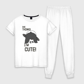 Женская пижама хлопок с принтом She thinks , 100% хлопок | брюки и футболка прямого кроя, без карманов, на брюках мягкая резинка на поясе и по низу штанин | grizzly | ice bear | panda | the three bare bears | vdzajul | we bare bears | белый | вся правда о медведях | гризли | панда | правда