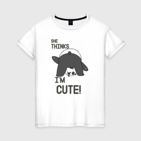 Женская футболка хлопок с принтом She thinks , 100% хлопок | прямой крой, круглый вырез горловины, длина до линии бедер, слегка спущенное плечо | grizzly | ice bear | panda | the three bare bears | vdzajul | we bare bears | белый | вся правда о медведях | гризли | панда | правда