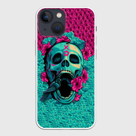 Чехол для iPhone 13 mini с принтом Неоновый череп ,  |  | 3d | flowers | music | neon | prints | rock | skull | картинки | майки | мем | мода | музыка | неон | прикол | принты | рок | стиль | тренд | футболки | цветы | череп | яркие | яркость