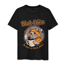 Мужская футболка хлопок с принтом Black Coffee Cat , 100% хлопок | прямой крой, круглый вырез горловины, длина до линии бедер, слегка спущенное плечо. | cat | cats | coffee | kitty | magic | prints | картинки | кот | котики | коты | котэ | котята | кофе | кошки | магия | майки | мем | мода | прикол | принты | стиль | тренд | футболки | яркие | яркость
