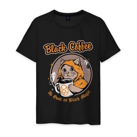 Мужская футболка хлопок с принтом Black Coffee Cat , 100% хлопок | прямой крой, круглый вырез горловины, длина до линии бедер, слегка спущенное плечо. | Тематика изображения на принте: cat | cats | coffee | kitty | magic | prints | картинки | кот | котики | коты | котэ | котята | кофе | кошки | магия | майки | мем | мода | прикол | принты | стиль | тренд | футболки | яркие | яркость