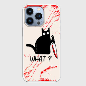 Чехол для iPhone 13 Pro с принтом What cat ,  |  | Тематика изображения на принте: cat | kitten | knife | what | вопрос | киса | кот | котёнок | кошак | кошка | кровь | нож | удивление | что