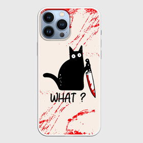 Чехол для iPhone 13 Pro Max с принтом What cat ,  |  | Тематика изображения на принте: cat | kitten | knife | what | вопрос | киса | кот | котёнок | кошак | кошка | кровь | нож | удивление | что