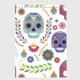 Скетчбук с принтом Мексиканские мотивы , 100% бумага
 | 48 листов, плотность листов — 100 г/м2, плотность картонной обложки — 250 г/м2. Листы скреплены сверху удобной пружинной спиралью | Тематика изображения на принте: день мёртвых. череп | мексика | мексиканский | мексиканское | цветок | цветы | черепа