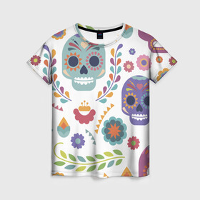 Женская футболка 3D с принтом Мексиканские мотивы , 100% полиэфир ( синтетическое хлопкоподобное полотно) | прямой крой, круглый вырез горловины, длина до линии бедер | день мёртвых. череп | мексика | мексиканский | мексиканское | цветок | цветы | черепа