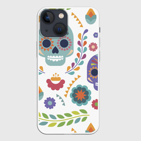 Чехол для iPhone 13 mini с принтом Мексиканские мотивы ,  |  | Тематика изображения на принте: день мёртвых. череп | мексика | мексиканский | мексиканское | цветок | цветы | черепа