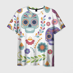 Мужская футболка 3D с принтом Мексиканские мотивы , 100% полиэфир | прямой крой, круглый вырез горловины, длина до линии бедер | день мёртвых. череп | мексика | мексиканский | мексиканское | цветок | цветы | черепа