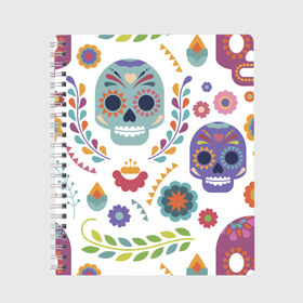 Тетрадь с принтом Мексиканские мотивы , 100% бумага | 48 листов, плотность листов — 60 г/м2, плотность картонной обложки — 250 г/м2. Листы скреплены сбоку удобной пружинной спиралью. Уголки страниц и обложки скругленные. Цвет линий — светло-серый
 | Тематика изображения на принте: день мёртвых. череп | мексика | мексиканский | мексиканское | цветок | цветы | черепа