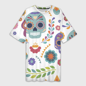 Платье-футболка 3D с принтом Мексиканские мотивы ,  |  | день мёртвых. череп | мексика | мексиканский | мексиканское | цветок | цветы | черепа