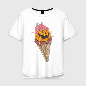 Мужская футболка хлопок Oversize с принтом Pumpkin IceCream , 100% хлопок | свободный крой, круглый ворот, “спинка” длиннее передней части | Тематика изображения на принте: helloween | ice cream | icecream | pumpkin | глаз | глазурь | еда | крем | мороженое | рожок | тыква | улыбка