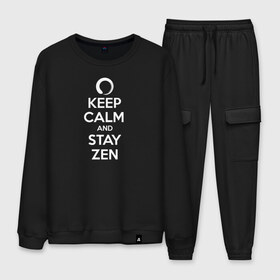 Мужской костюм хлопок с принтом Keep calm & stay Zen , 100% хлопок | на свитшоте круглая горловина, мягкая резинка по низу. Брюки заужены к низу, на них два вида карманов: два “обычных” по бокам и два объемных, с клапанами, расположенные ниже линии бедра. Брюки с мягкой трикотажной резинкой на поясе и по низу штанин. В поясе для дополнительного комфорта — широкие завязки | Тематика изображения на принте: aum | zen | будда | буддизм | дзен | мантра | ом | религия