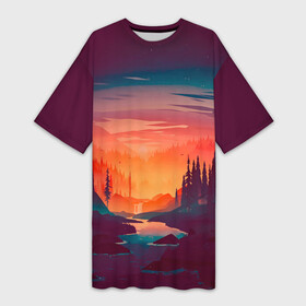 Платье-футболка 3D с принтом Minimal forest sunset ,  |  | forest | light | minimal | mountain | orange | purple | stone | sunset | water | вода | горы | закат | минимализм | оранжевый | фиолетовый