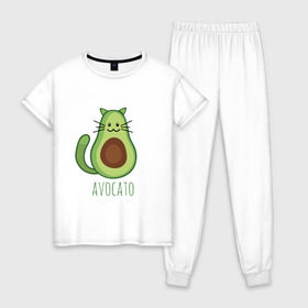 Женская пижама хлопок с принтом AVOCATO , 100% хлопок | брюки и футболка прямого кроя, без карманов, на брюках мягкая резинка на поясе и по низу штанин | Тематика изображения на принте: avocado | avocato | avogato | cat | cats | авокадо | авокато | авокот | картинка | картинки | кот | коте | котэ | прикольная | прикольные
