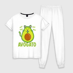 Женская пижама хлопок с принтом AVOGATO , 100% хлопок | брюки и футболка прямого кроя, без карманов, на брюках мягкая резинка на поясе и по низу штанин | Тематика изображения на принте: avocado | avocato | avogato | cat | cats | авокадо | авокато | авокот | картинка | картинки | кот | коте | котэ | прикольная | прикольные