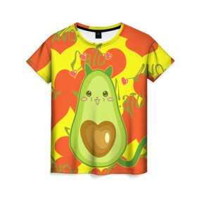 Женская футболка 3D с принтом авокадо , 100% полиэфир ( синтетическое хлопкоподобное полотно) | прямой крой, круглый вырез горловины, длина до линии бедер | avocado | cat | cats | funny | авокадо | зеленый авокадо | кот