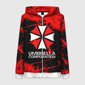 Женская толстовка 3D на молнии с принтом UMBRELLA CORPORATION. , 100% полиэстер | длина до линии бедра, манжеты и пояс оформлены мягкой тканевой резинкой, двухслойный капюшон со шнурком для регулировки, спереди молния, по бокам два кармана | corp | corporation | resident evil | umbrella | umbrella corporation | зомби апокалипсис | зонт | игра