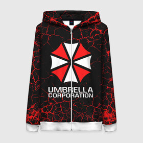 Женская толстовка 3D на молнии с принтом UMBRELLA CORPORATION. , 100% полиэстер | длина до линии бедра, манжеты и пояс оформлены мягкой тканевой резинкой, двухслойный капюшон со шнурком для регулировки, спереди молния, по бокам два кармана | corp | corporation | resident evil | umbrella | umbrella corporation | зомби апокалипсис | зонт | игра