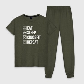 Женская пижама хлопок с принтом Eat. Sleep. Crossfit. Repeat , 100% хлопок | брюки и футболка прямого кроя, без карманов, на брюках мягкая резинка на поясе и по низу штанин | Тематика изображения на принте: crossfit | кроссфит | кросфит | пауэрлифтинг | спорт | фитнес