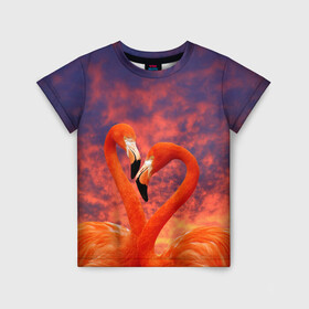 Детская футболка 3D с принтом Flamingo Love , 100% гипоаллергенный полиэфир | прямой крой, круглый вырез горловины, длина до линии бедер, чуть спущенное плечо, ткань немного тянется | Тематика изображения на принте: 14 февраля | 8 марта | валентинов день | верность | влюбленность | влюбленные | вместе | вместе навсегда | девушке | женат | женский день | женский праздник | закат | замужем | кружка | любимая