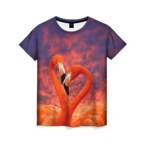 Женская футболка 3D с принтом Flamingo Love , 100% полиэфир ( синтетическое хлопкоподобное полотно) | прямой крой, круглый вырез горловины, длина до линии бедер | 14 февраля | 8 марта | валентинов день | верность | влюбленность | влюбленные | вместе | вместе навсегда | девушке | женат | женский день | женский праздник | закат | замужем | кружка | любимая