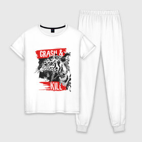 Женская пижама хлопок с принтом Crash & Kill , 100% хлопок | брюки и футболка прямого кроя, без карманов, на брюках мягкая резинка на поясе и по низу штанин | animal | art | beast | inscription | tiger | арт | животное | зверь | надпись | тигр