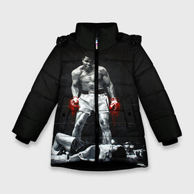 Зимняя куртка для девочек 3D с принтом Muhammad Ali , ткань верха — 100% полиэстер; подклад — 100% полиэстер, утеплитель — 100% полиэстер. | длина ниже бедра, удлиненная спинка, воротник стойка и отстегивающийся капюшон. Есть боковые карманы с листочкой на кнопках, утяжки по низу изделия и внутренний карман на молнии. 

Предусмотрены светоотражающий принт на спинке, радужный светоотражающий элемент на пуллере молнии и на резинке для утяжки. | ali | muhammad ali | the greatest | али | бокс | мухамед али | мухаммед али