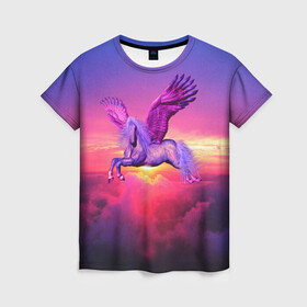 Женская футболка 3D с принтом Dusk Sky Horse , 100% полиэфир ( синтетическое хлопкоподобное полотно) | прямой крой, круглый вырез горловины, длина до линии бедер | высота | закат | конь | крылья | легенды | летать | летающий | лошадь | мистический | мифология | мифы | небесный | небо | облака | облач | пегас | плед | подушка | полет | пурпурный | сумерки | сумка