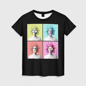 Женская футболка 3D с принтом Медуза Горгона Pop Art , 100% полиэфир ( синтетическое хлопкоподобное полотно) | прямой крой, круглый вырез горловины, длина до линии бедер | 8 марта | бизнес леди | в очках | девушка в очках | девушке | жвачка | жене | женский день | женский праздник | женское лицо | кружка | легенда | лицо | любимой | медуза | мифология | монстр | опасная