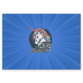 Поздравительная открытка с принтом Единорог Rock , 100% бумага | плотность бумаги 280 г/м2, матовая, на обратной стороне линовка и место для марки
 | rock | единорог | единорог рокер | кожанка | конь | лошадь | многоцветный | радуга | рог | рок | шипы